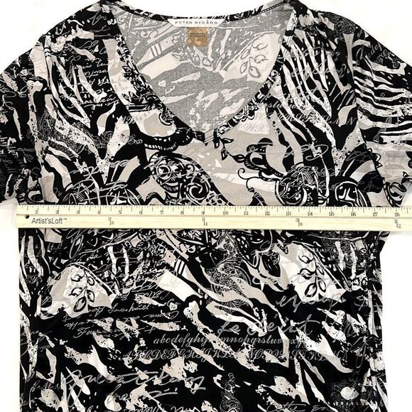 Peter Nygard Black White Abstract V Neck Stretch Top 3/4 Sleeve Medium EUC - Picture 8 of 10